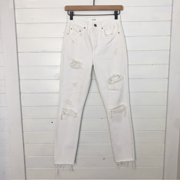 GRLFRND Karolina Distressed High Rise Skinny Jeans White Raw Hem - Picture 3 of 9